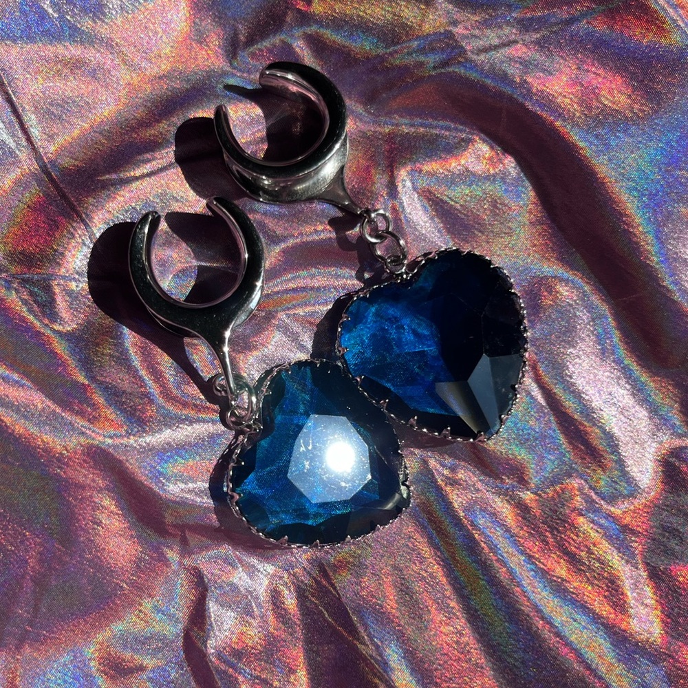 Silver and Blue Glass Heart Hangers for stretched ears 5/8” 16mm